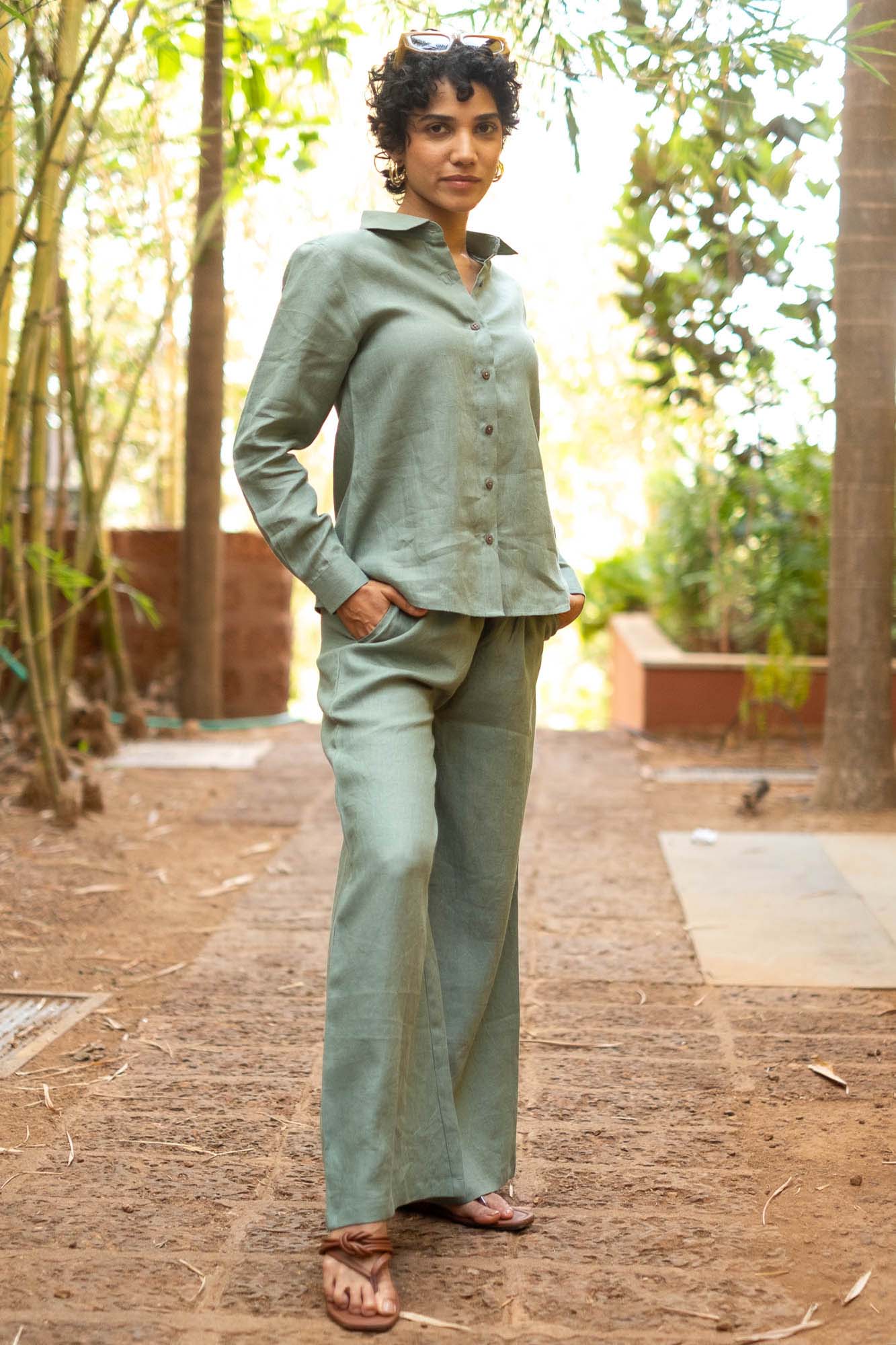 Linen Co-ord Set with Panelled Shirt & Flared Pants in Mocha