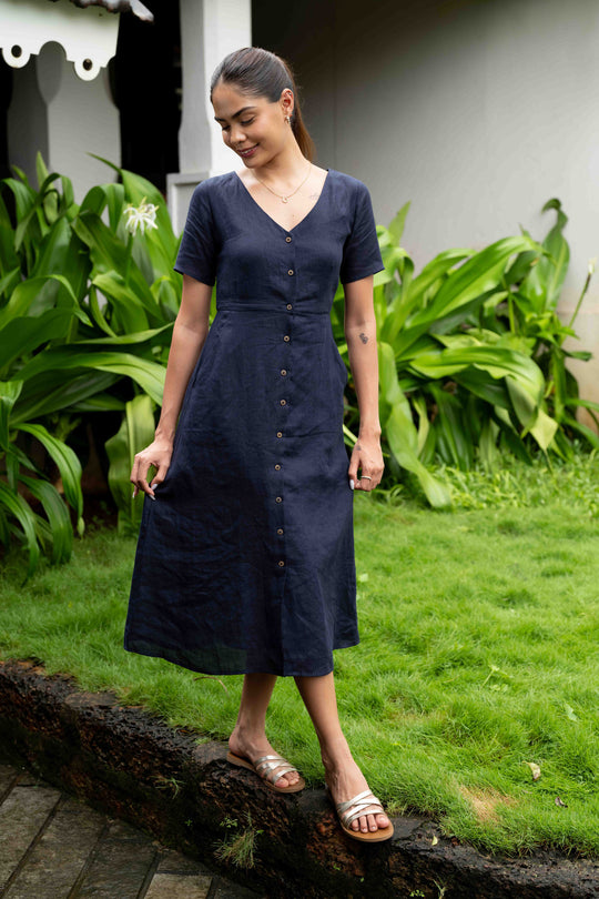 The Linen V Neck Buttondown Dress | Creatures of Habit