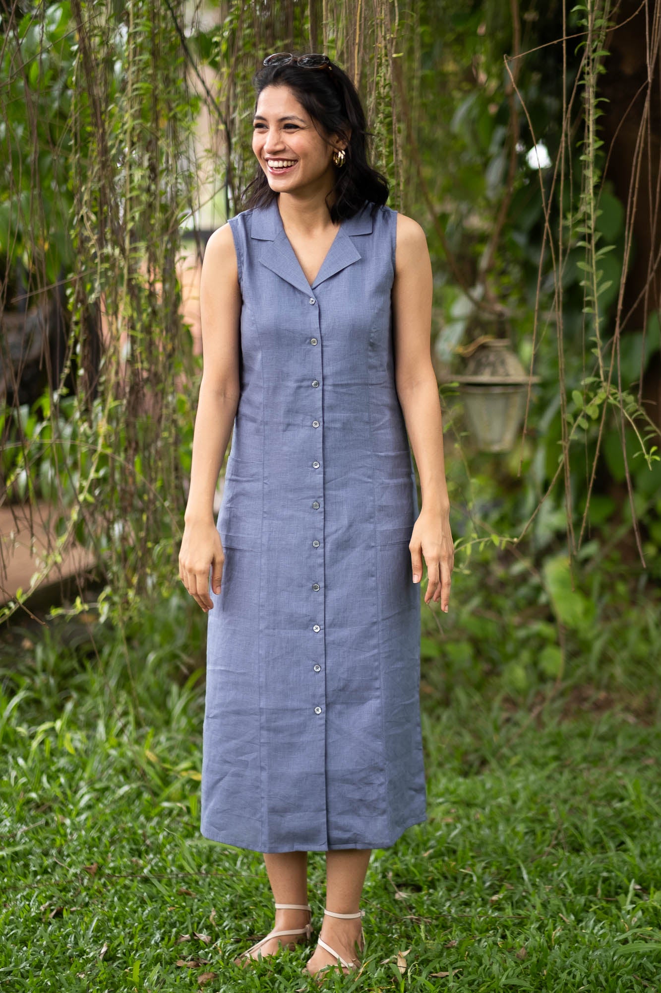 chinese dress ladies Linen Dress with Peter Pan Collar Melody, Midi Length Dress