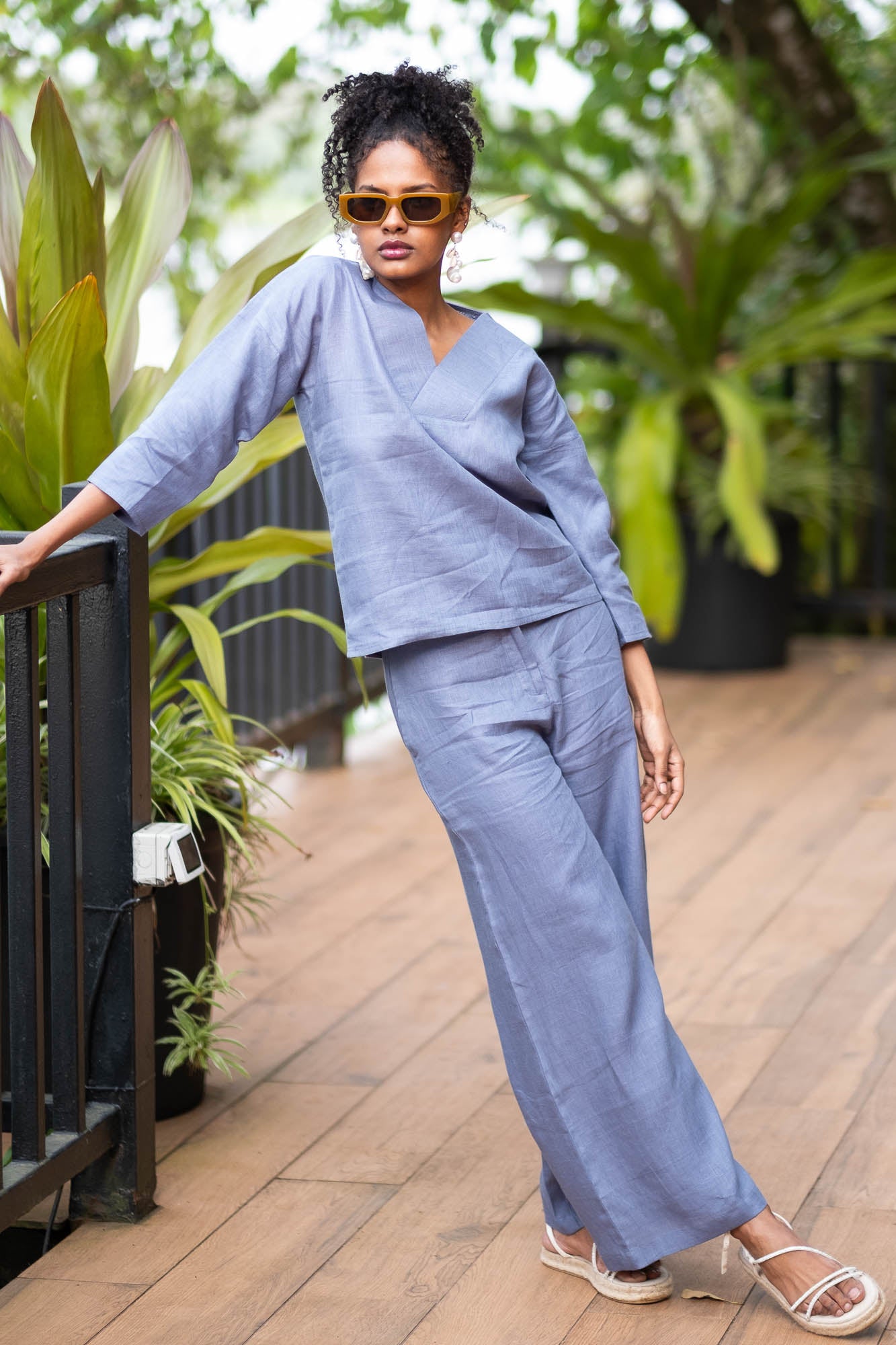 Linen Co-ord Set with V Neck Top and Wide Leg Pants