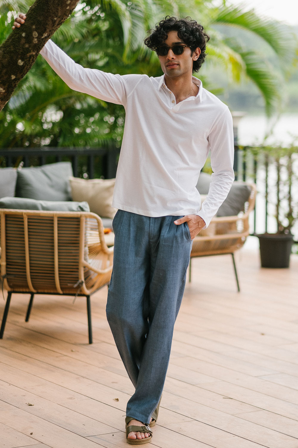 The Heavy Linen Pleated Trousers for Men Denim Blue