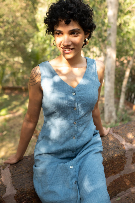 The Seersucker V Neck Dress with Buttons | Creatures of Habit