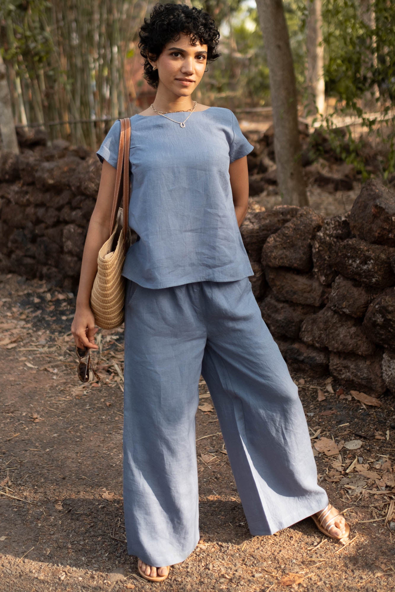 Linen Co-ord Set with Boat Neck Top and Oversized Pants
