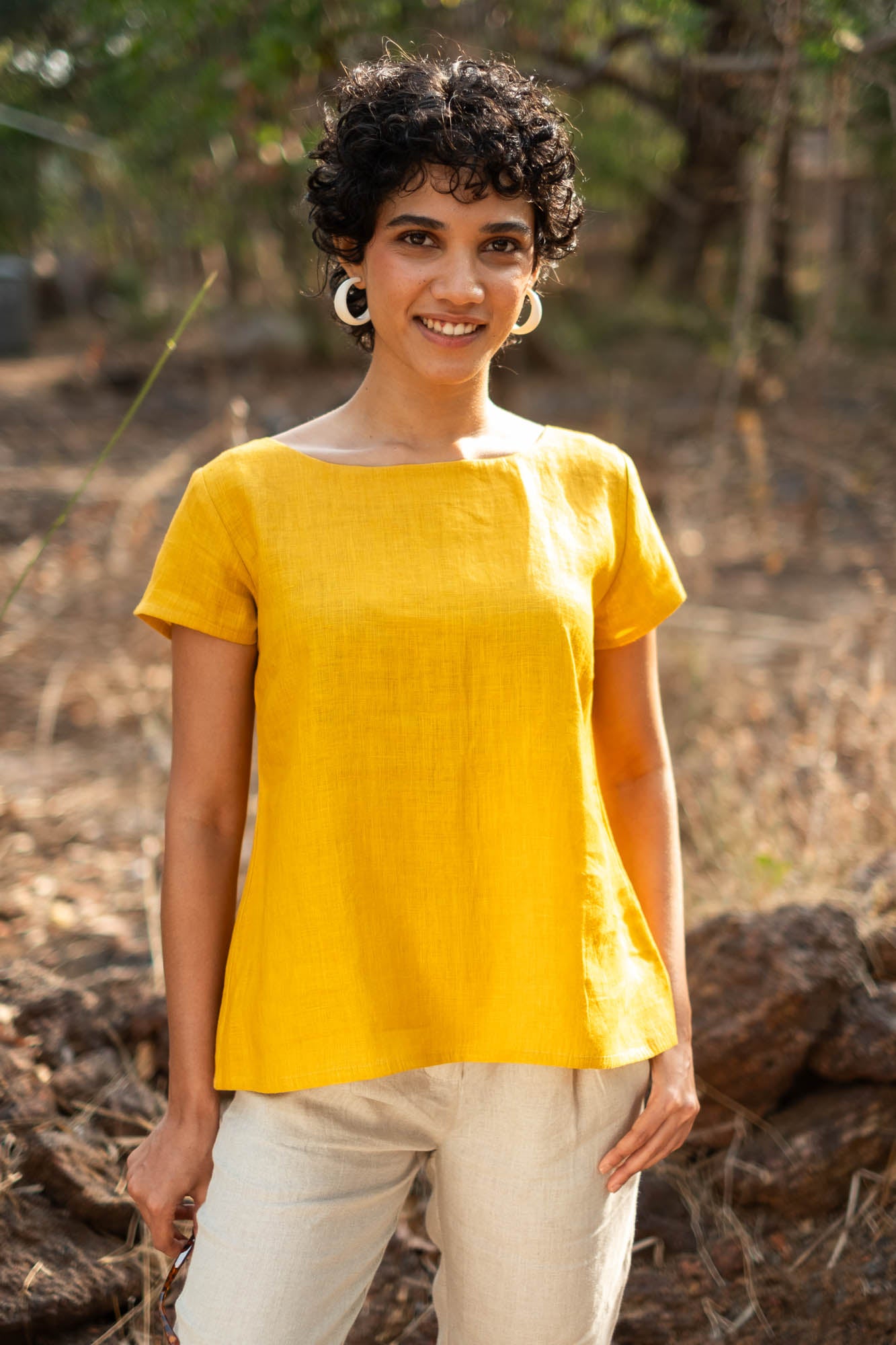 Womens Tops | The Linen Boat Neck Top Mustard