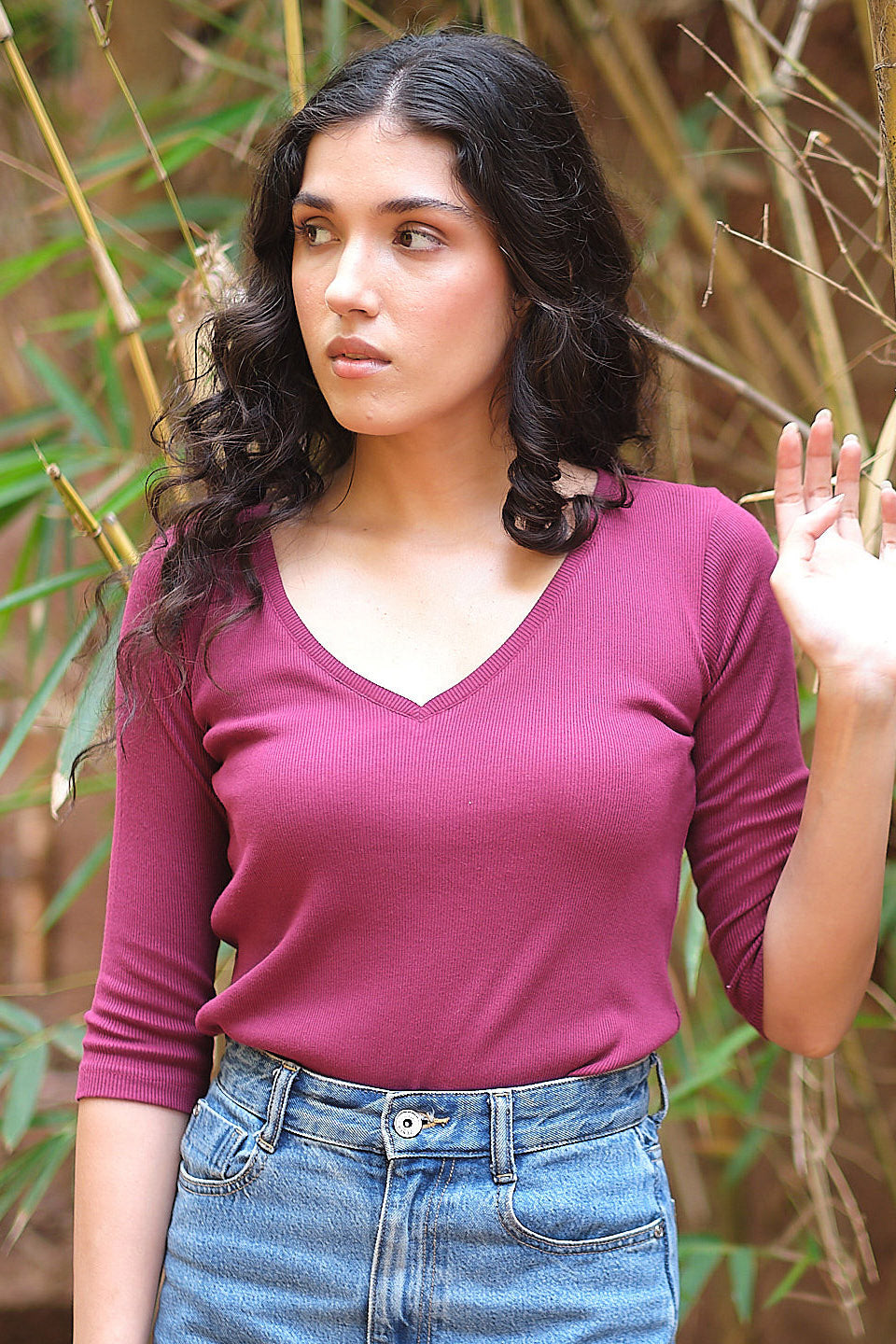 Women's Top The Rib V Neck Tops for Women Berry Pink