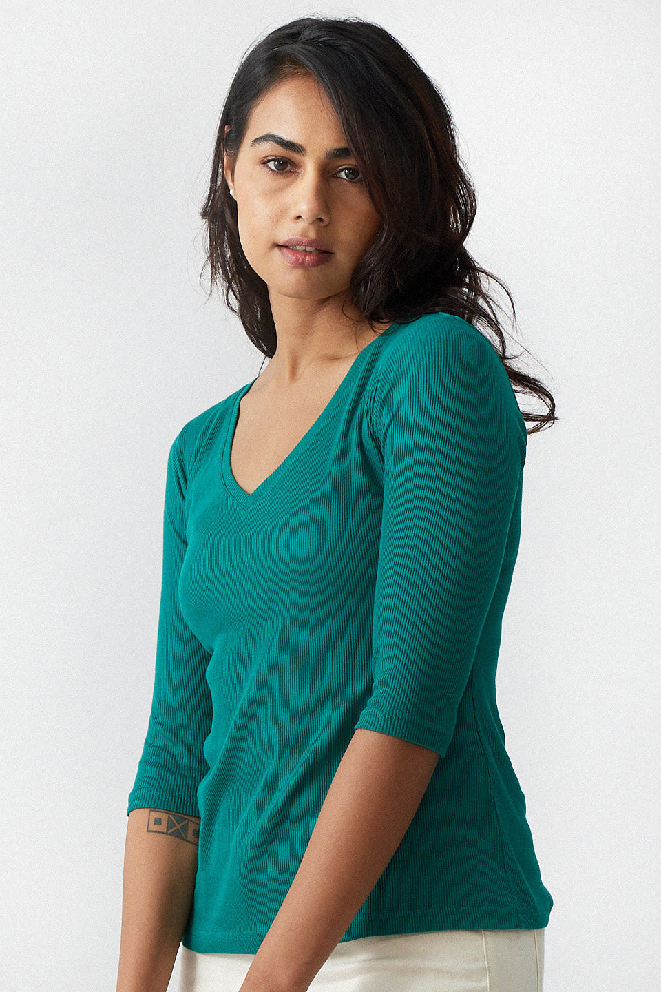 Women Green Rib Empire Neck Top