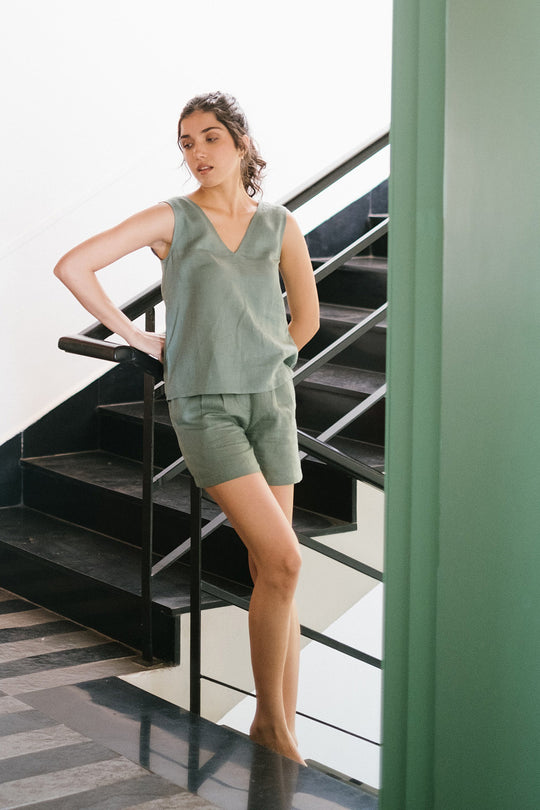 Linen Co-ord Set with V Neck Tank and Tailored Shorts | Creatures of Habit