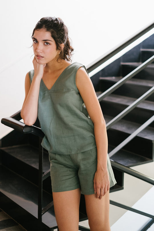 Linen Co-ord Set with V Neck Tank and Tailored Shorts | Creatures of Habit