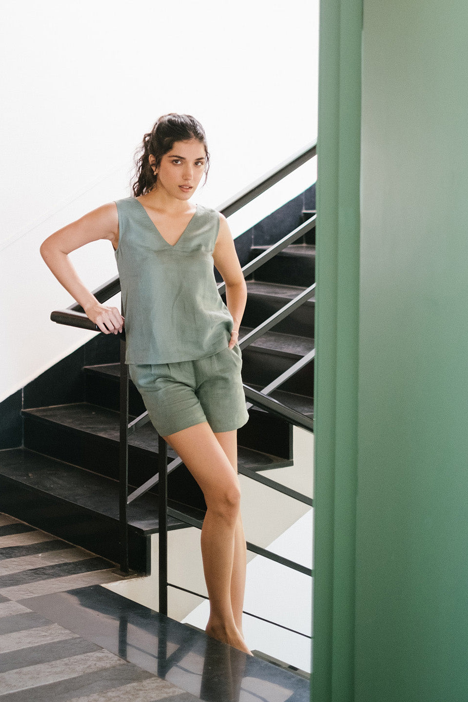 Essential Linen V-neck Top, Sage