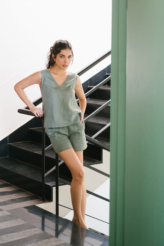 Linen Co-ord Set with V Neck Tank and Tailored Shorts | Creatures of Habit