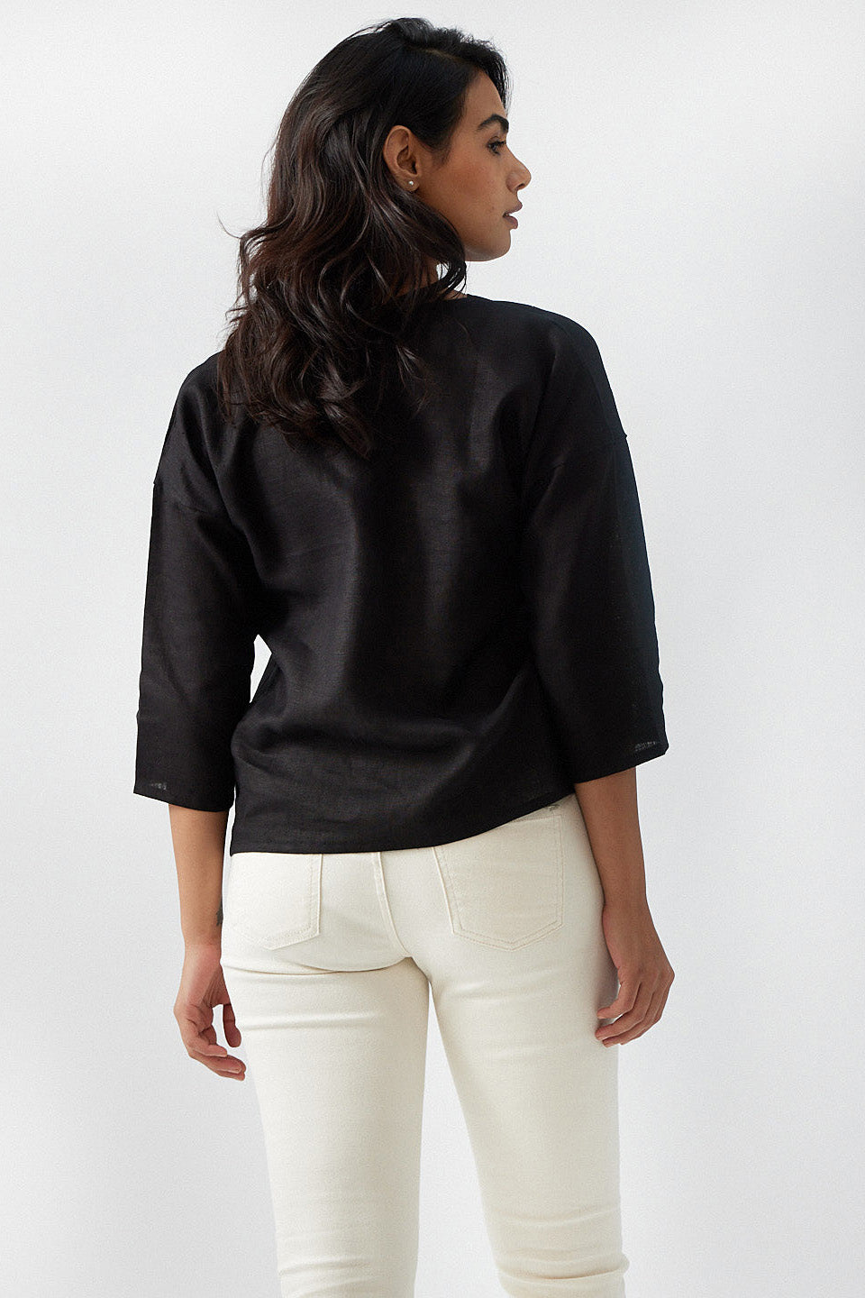 Women`s White Linen V-Neck Top