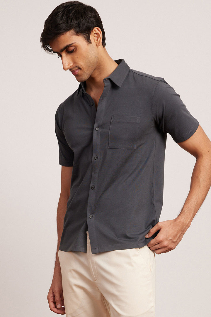 MEER. OPEN COLLAR SHORT SHIRT /CHARCOAL Buy Linen Shirt Short  