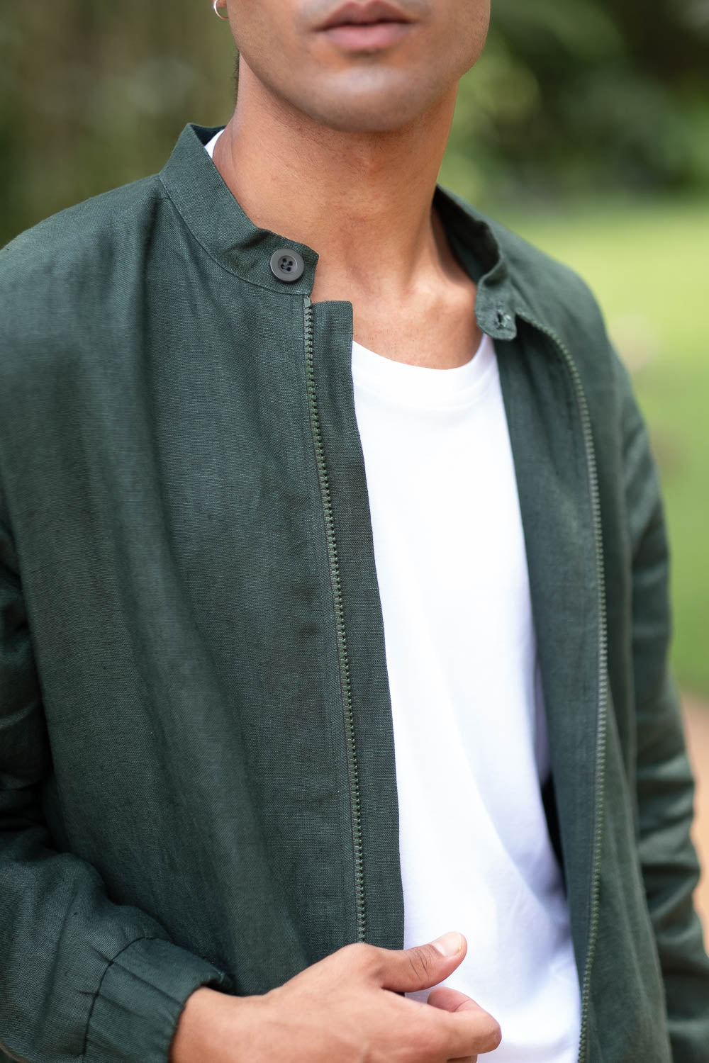 Browse The Linen Bomber Jacket for Men Rainforest Green