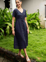 Linen V Neck Buttondown Dress