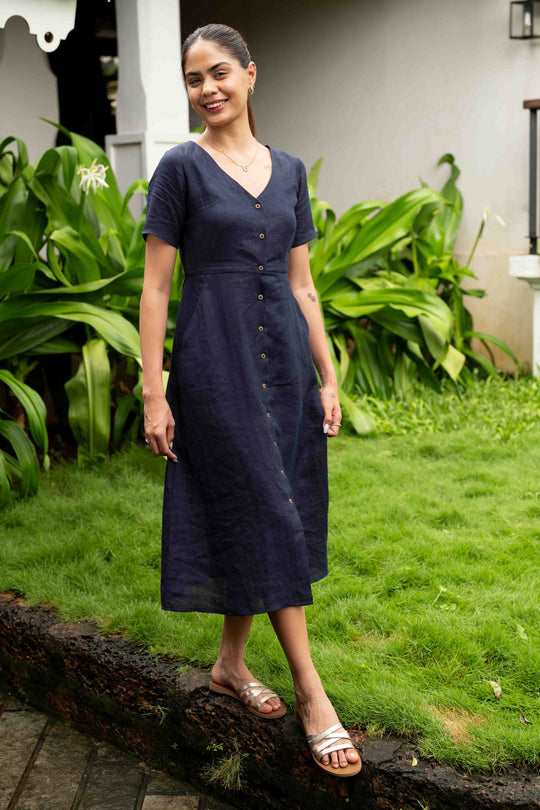 The Linen V Neck Buttondown Dress | Creatures of Habit