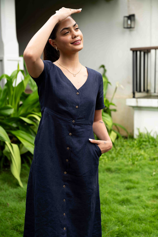 The Linen V Neck Buttondown Dress | Creatures of Habit