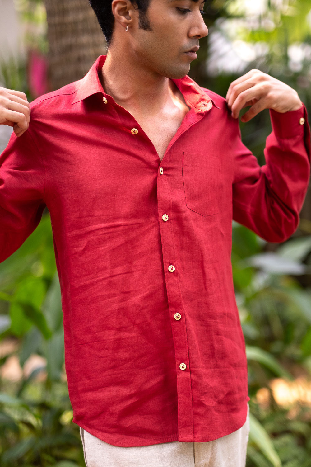 Men Shirt - The Linen Shirt Indian Red 2XL Long Sleeve 100% Linen