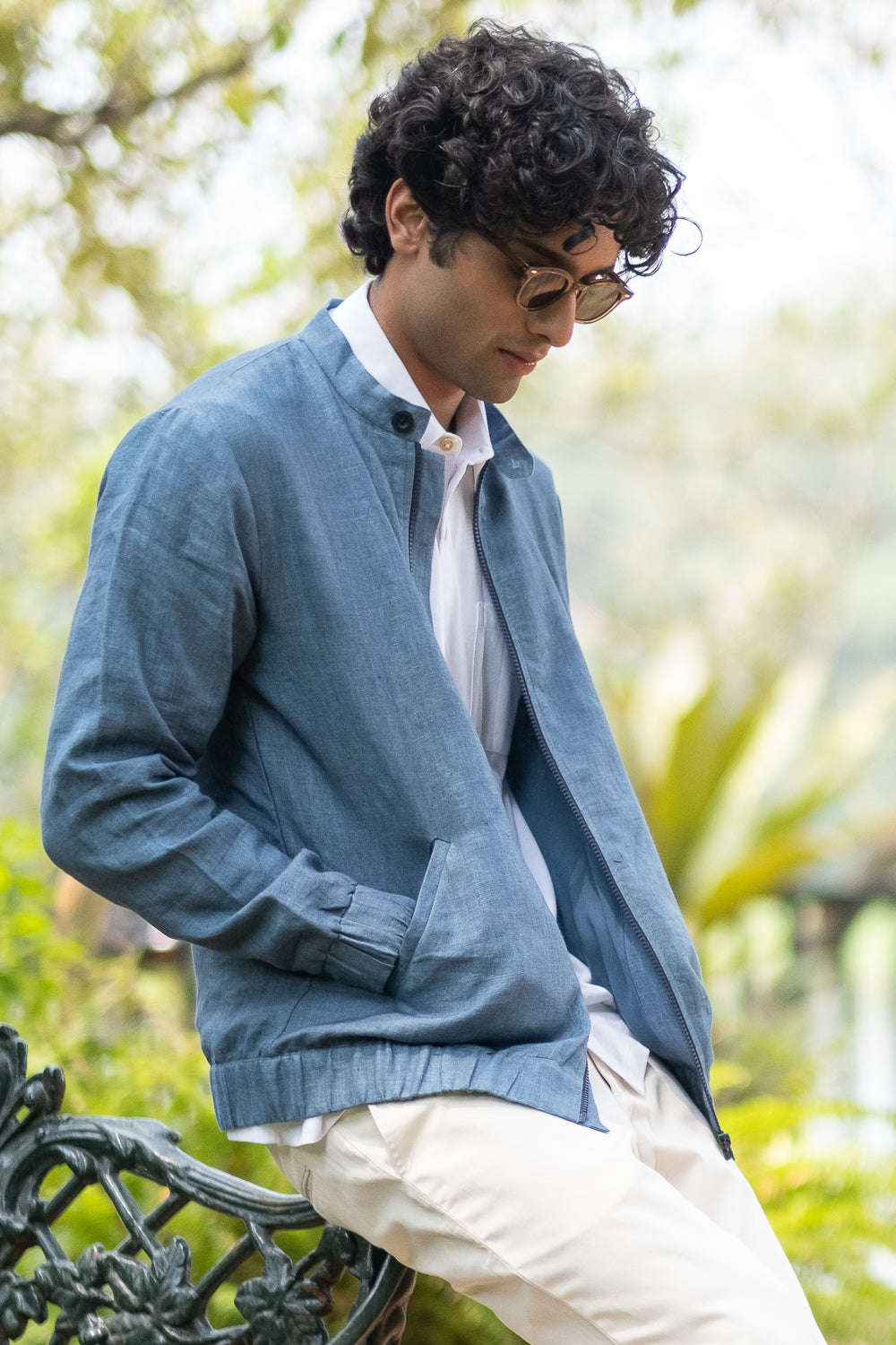 Browse The Linen Bomber Jacket for Men Denim- Blue