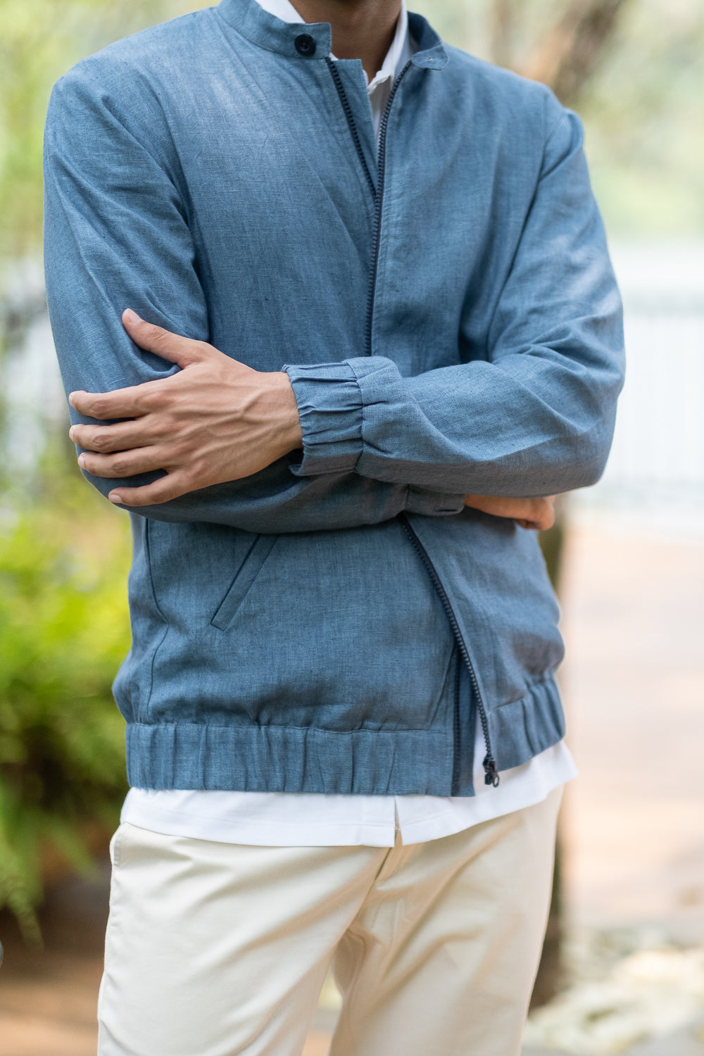 Browse The Linen Bomber Jacket for Men Denim- Blue