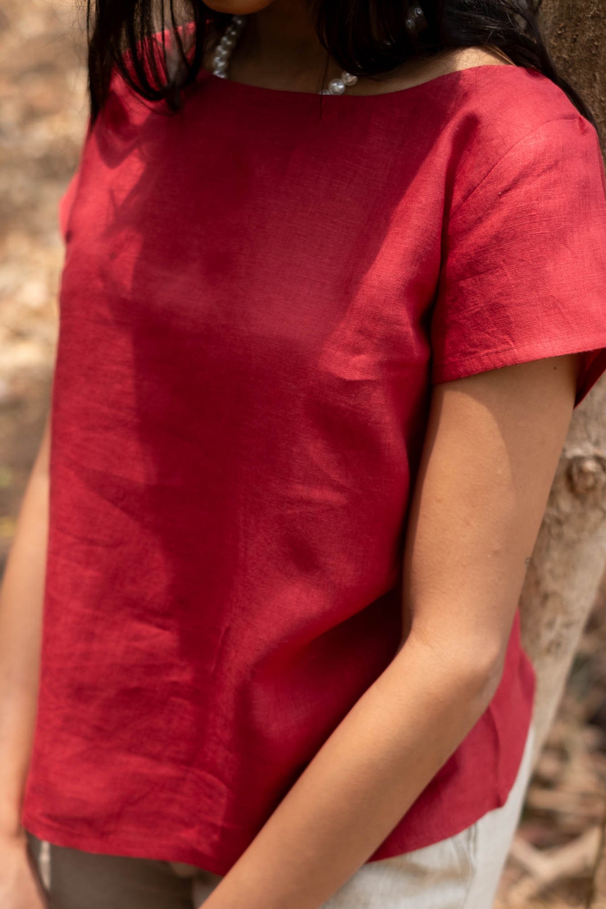 Women's Red Boat Neck Top