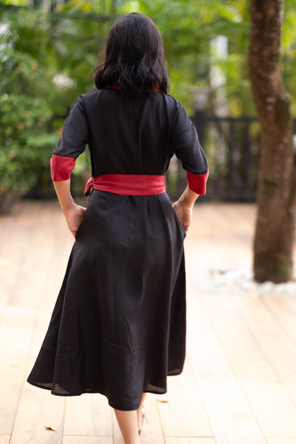 Women Dress- The Linen Flared Dress Midnight Black & Red Midnight Black and Red / S