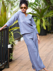 Linen Co-ord Set with V Neck Top and Wide Leg Pants