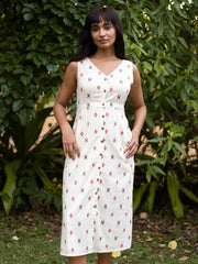 Dobby V Neck Dress with Buttons