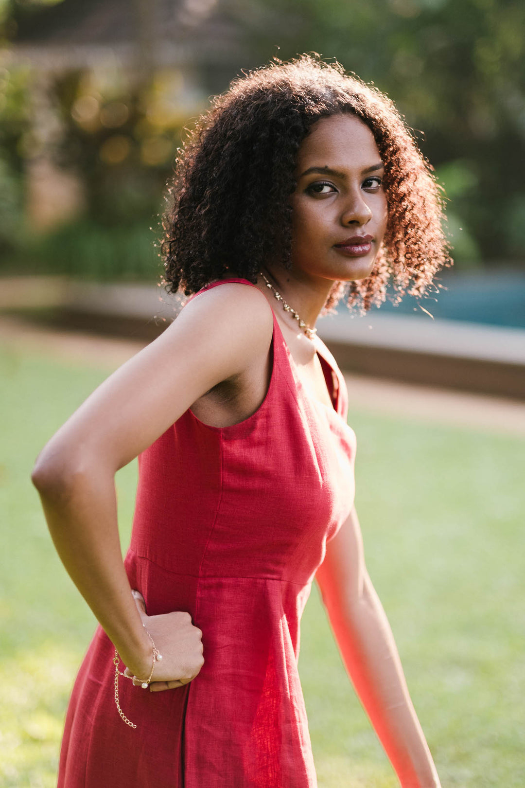 Explore Linen Midi Dress for Women Indian Red Online