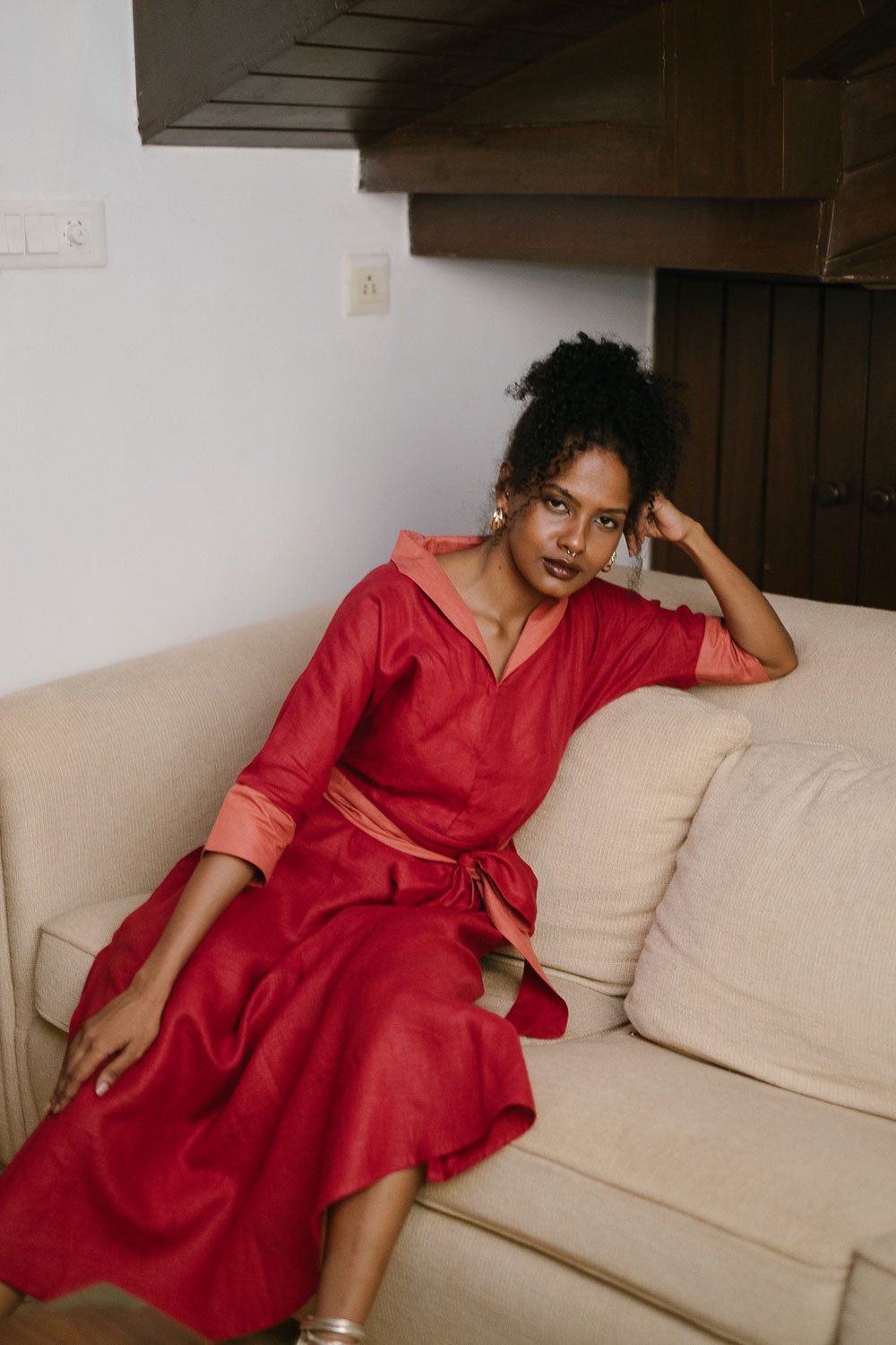 Women Dress- The Linen Flared Dress Indian Red & Orange