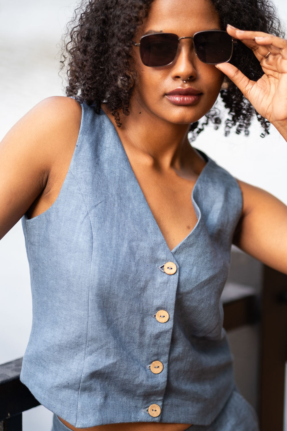 Explore The Heavy Linen Waistcoat for Women Denim Blue