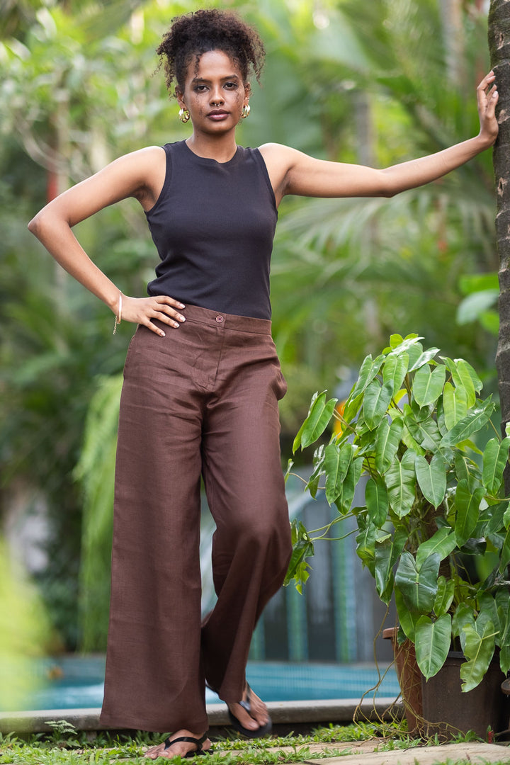 Buy Linen Wide Leg Pants for Women Tree Trunk Brown