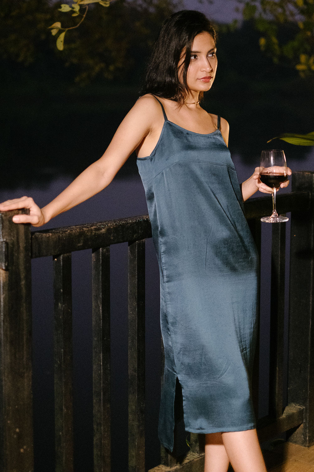 Teal satin embroidered flower slip
