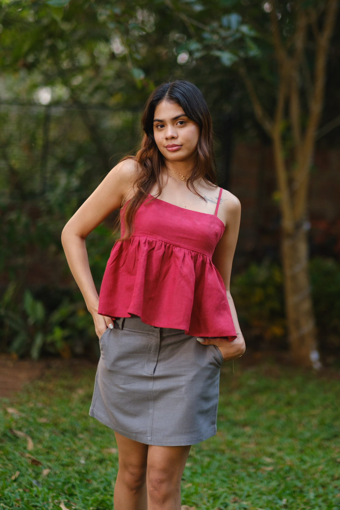 トップス CLANE PILE FLARE TANK TOPS The Linen Flared Cami Top