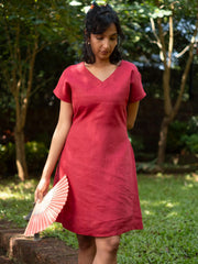 Linen V Neck Shift Dress