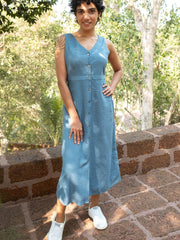 Seersucker V Neck Dress with Buttons