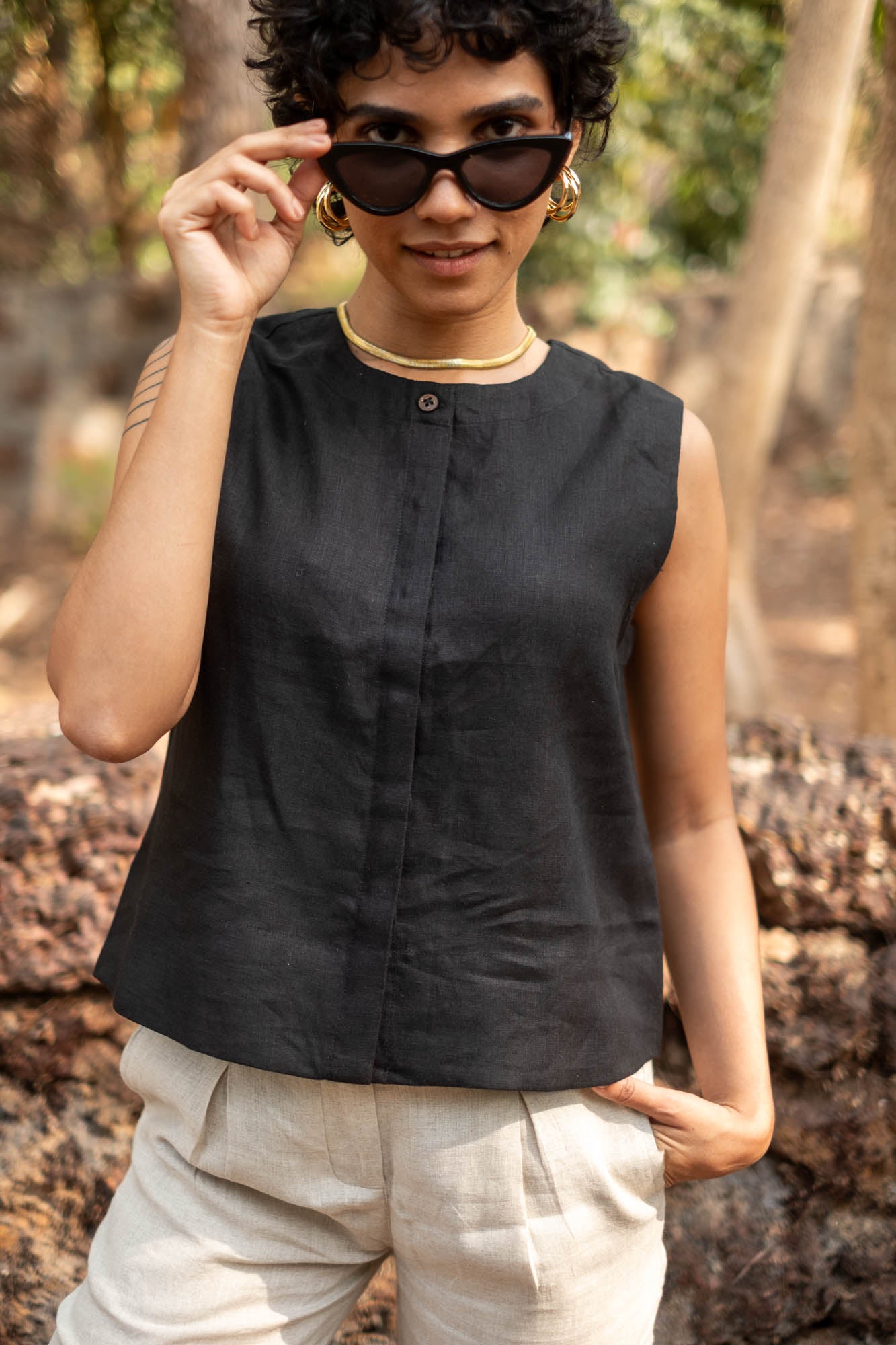 black sleeveless linen top