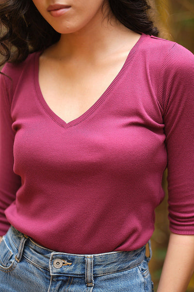 Womens Tops | The Rib V Neck Tops for Women Berry Pink