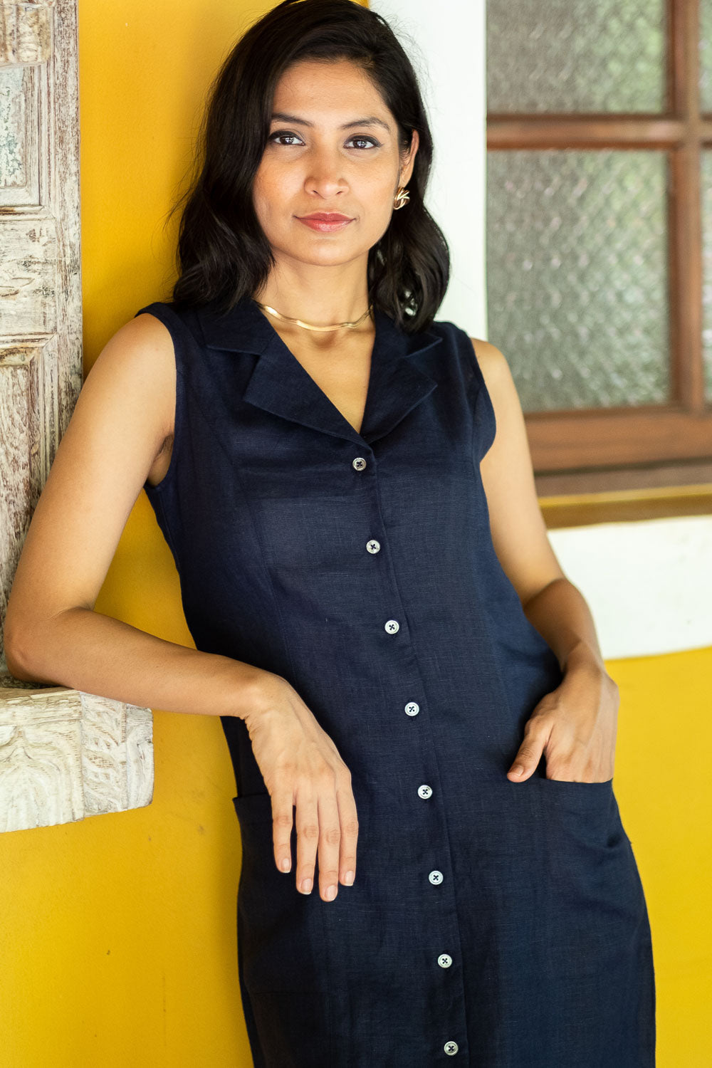 Women Dress | The Linen Notch Collar Dress Navy Blue