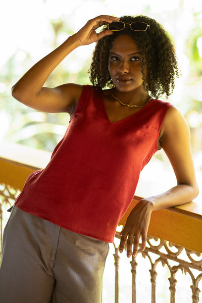 Tank Tops - The Linen V Neck Tank Top for Women Indian Red | Creatures of Habit