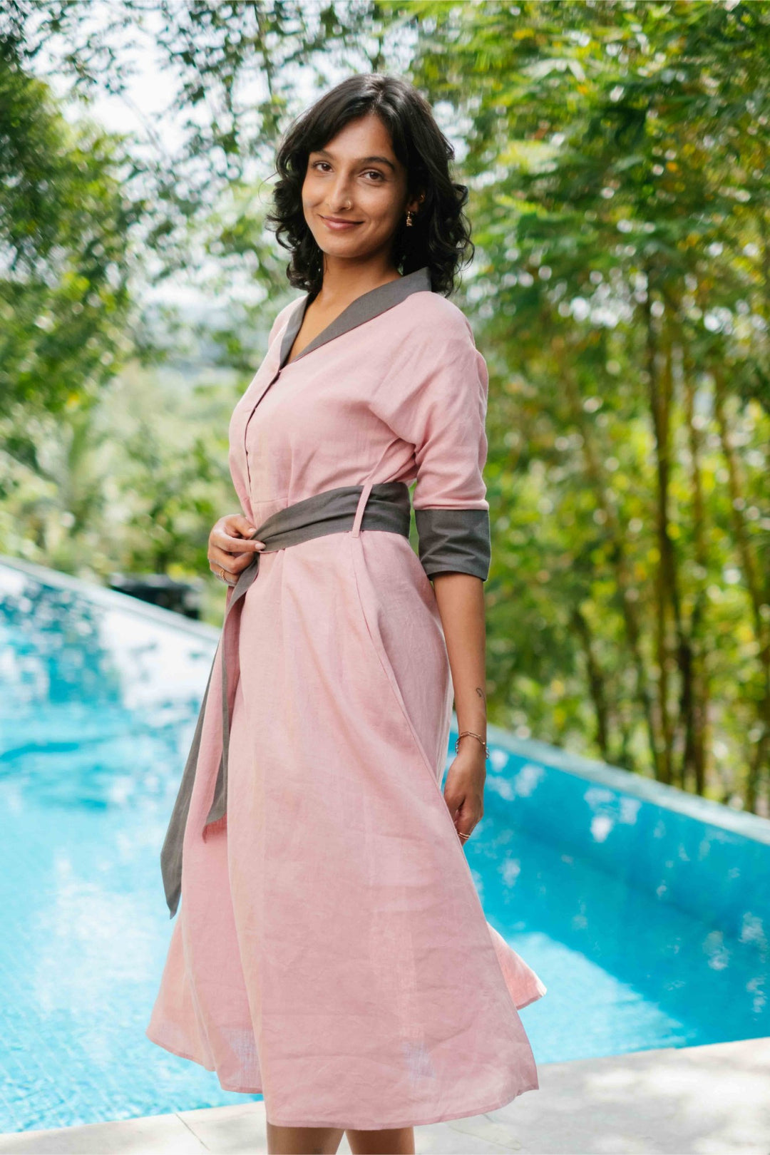 Women Dress- The Linen Flared Dress Vintage Pink