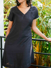 Linen V Neck Shift Dress