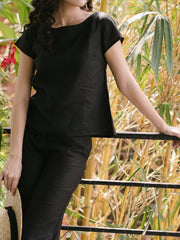 Linen Co-ord Set with Boat Neck Top and Wide Leg Pants