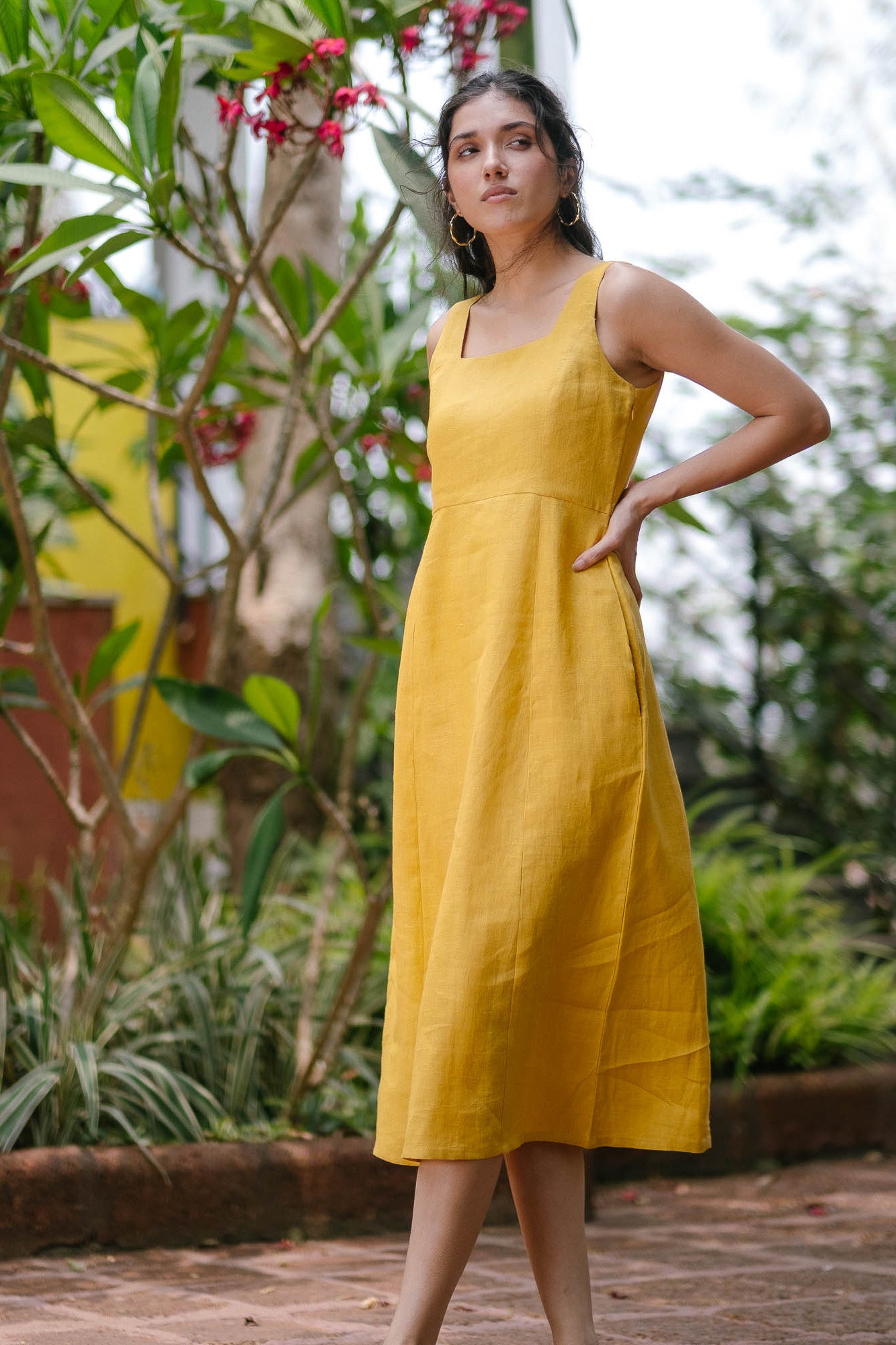 Buy Linen Midi Dress for Women Mustard Online