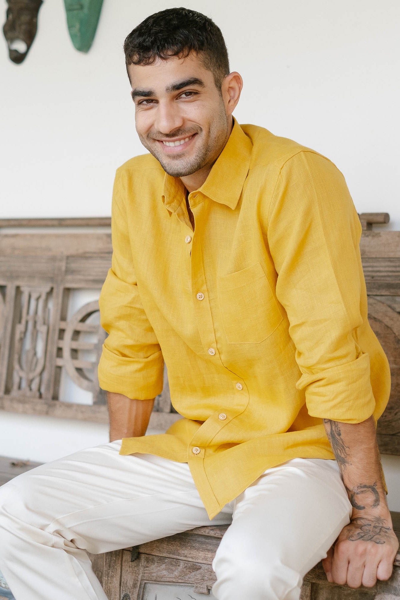 Buy Mens Shirt Linen Shirt for Men Mustard Online - Main Image
