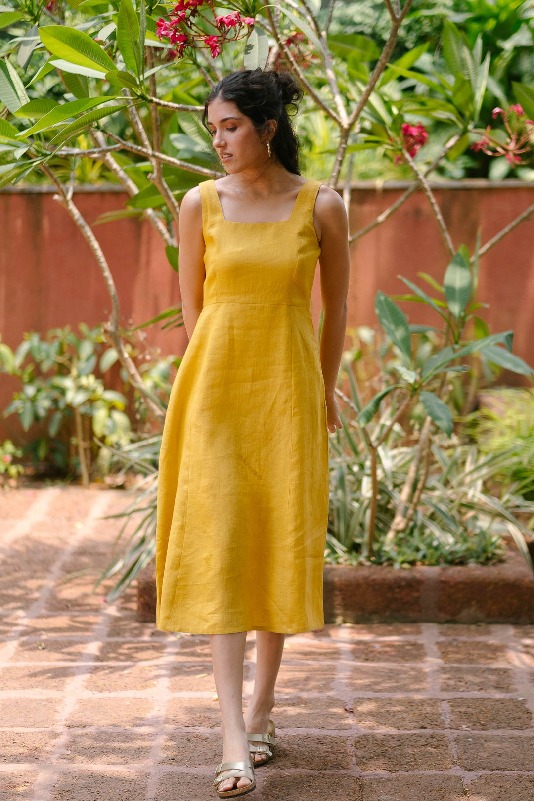mustard yellow linen dress The Midi Women Plus Size V casual gatherings occasion_beach Size:42 EU/ 9 US