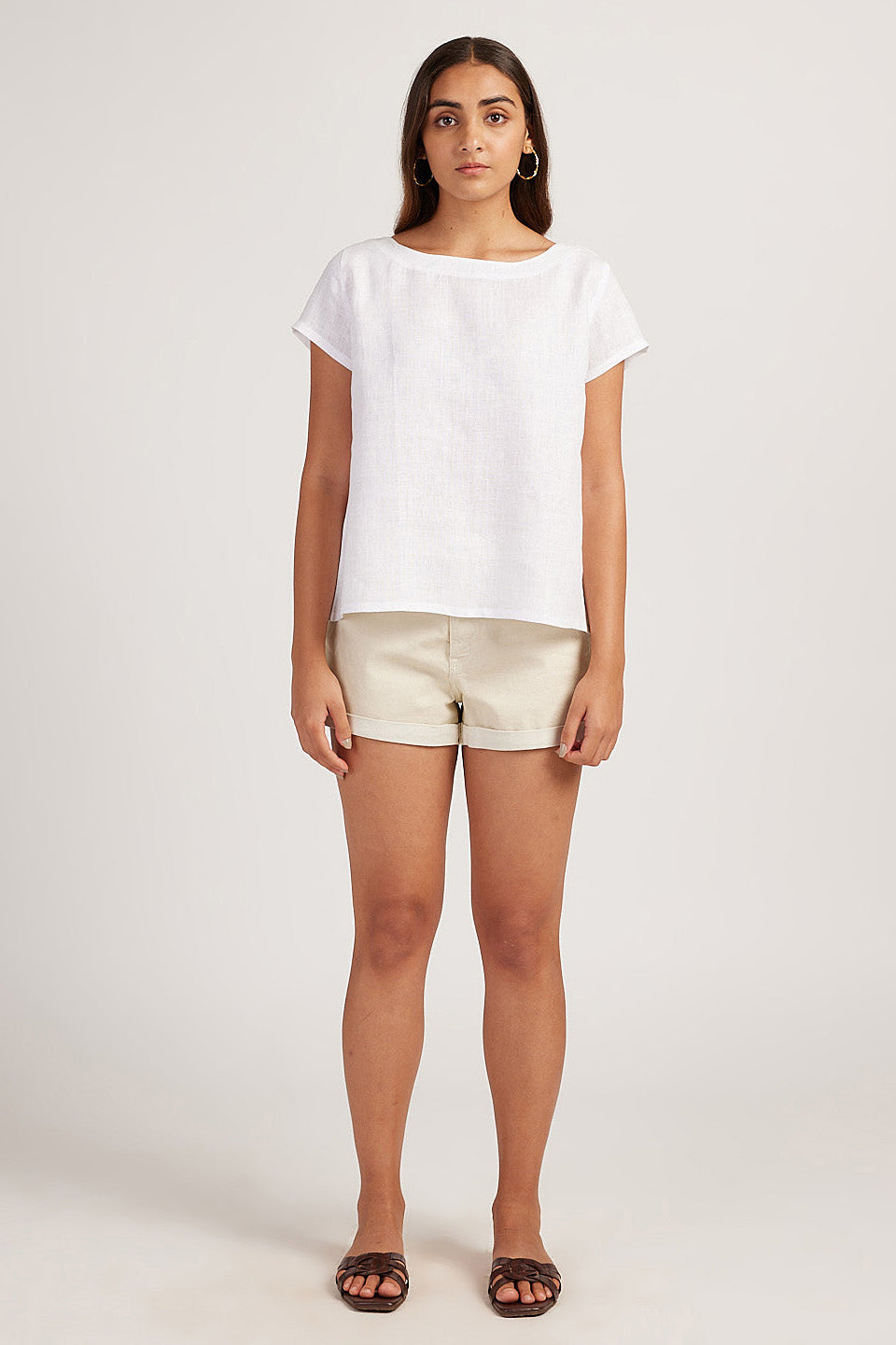Explore Womens Top | The Linen Boat Neck Top Pearl White
