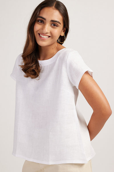 Tops for Women - The Linen Boat Neck Top Pearl White | Creatures of Habit
