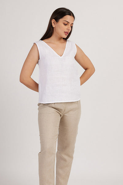 Tank Tops - The Linen V Neck Tank Top for Women Pearl White | Creatures of Habit