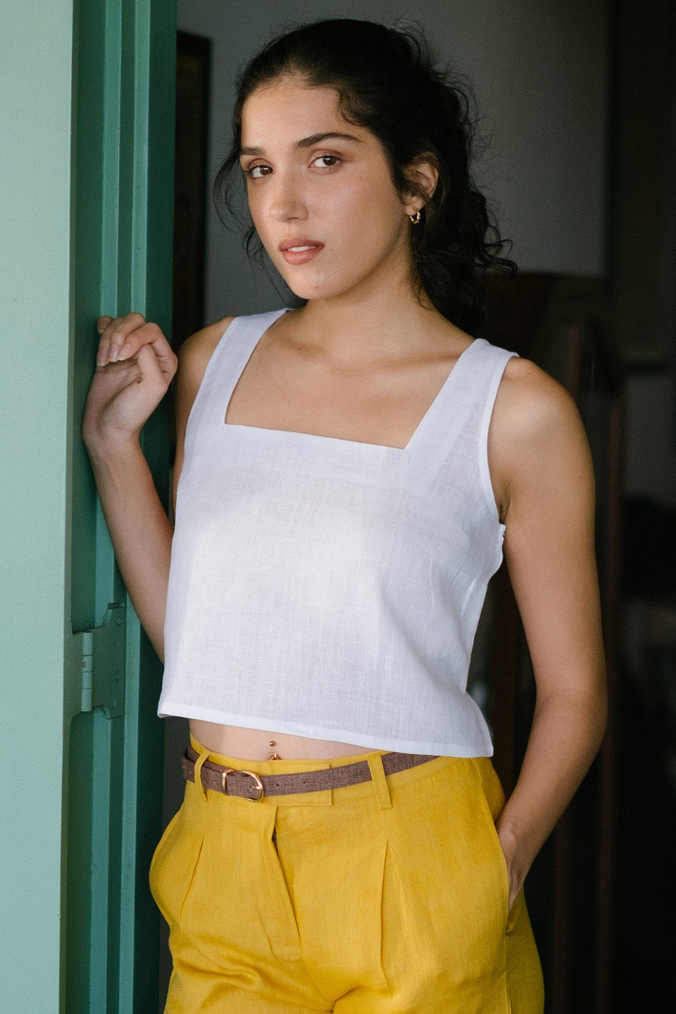 Buy Crop Tank Top | The Linen Crop Tank Top Pearl White