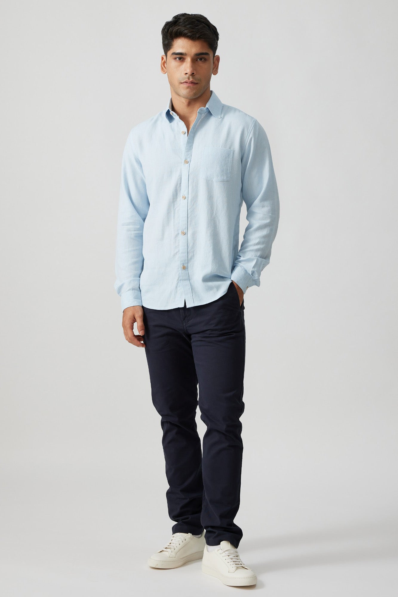 Men Blue Tencel Color Block Regular Shirt
